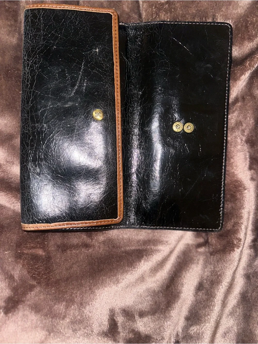 Black Leather Wallet with Brown Trim and Gold Logo